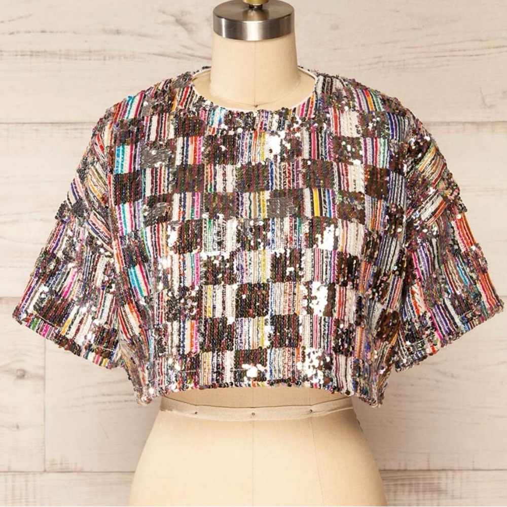 Anna Grace Multicolor Sequin Crop Top - Picture 2 of 12